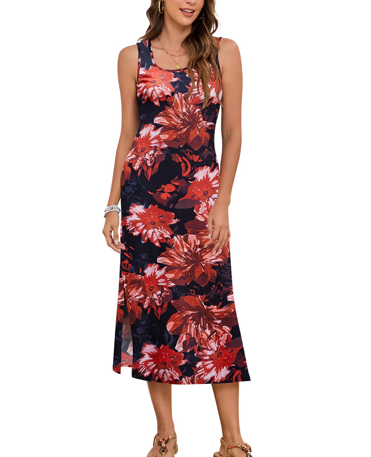 Naggoo Women's Sleevelee Tank Dress Midi Summer Casual Scoop Neck Basic Split Maxi Tshirt Sundresses with Pockets
