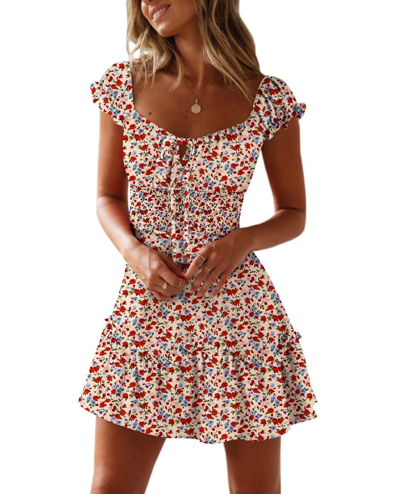 YOBECHO Womens Summer Ruffle Sleeve Sweetheart Neckline Printing Dress Mini Dresses