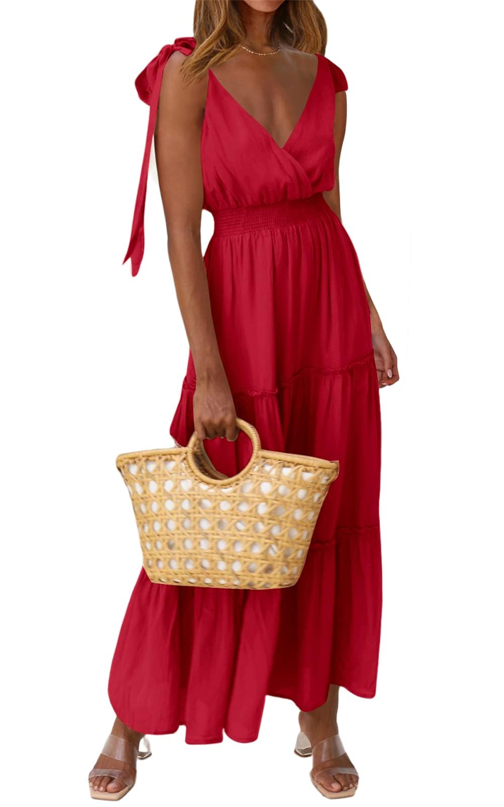 PRETTYGARDEN Women's Cross Neck Summer Sleeveless Tiered Maxi Dress Beach Tie Strap Smocked Long Dresses Pleated Sundress