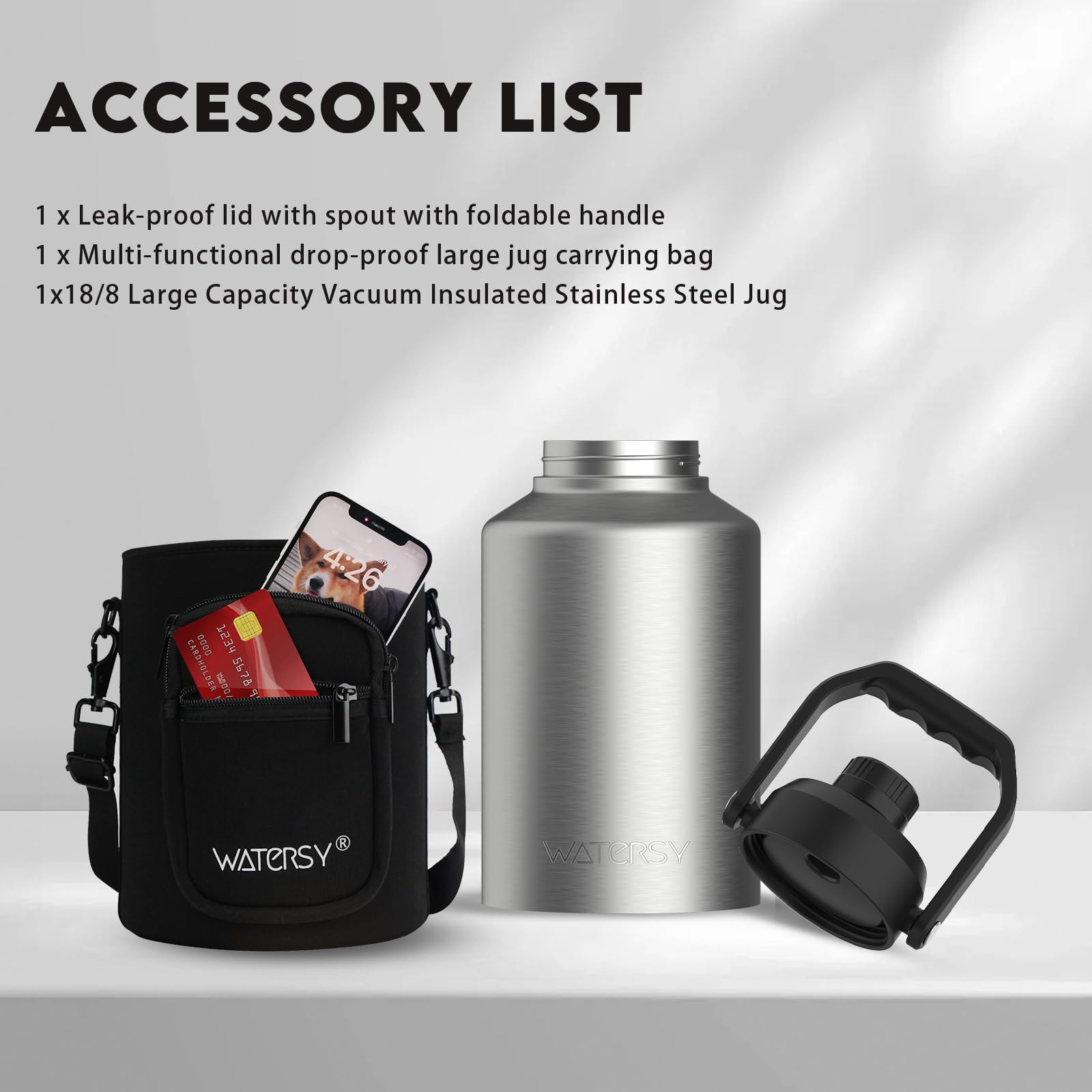 WATERSY Half Gallon Water Bottle Insulated(Cold for 48 Hrs),BPA Free&Leak Proof,64oz Stainless Steel Water Jug/Flask,Big thermo,Large Water Bottle with Handle for Gym,Hiking,Camping,Black