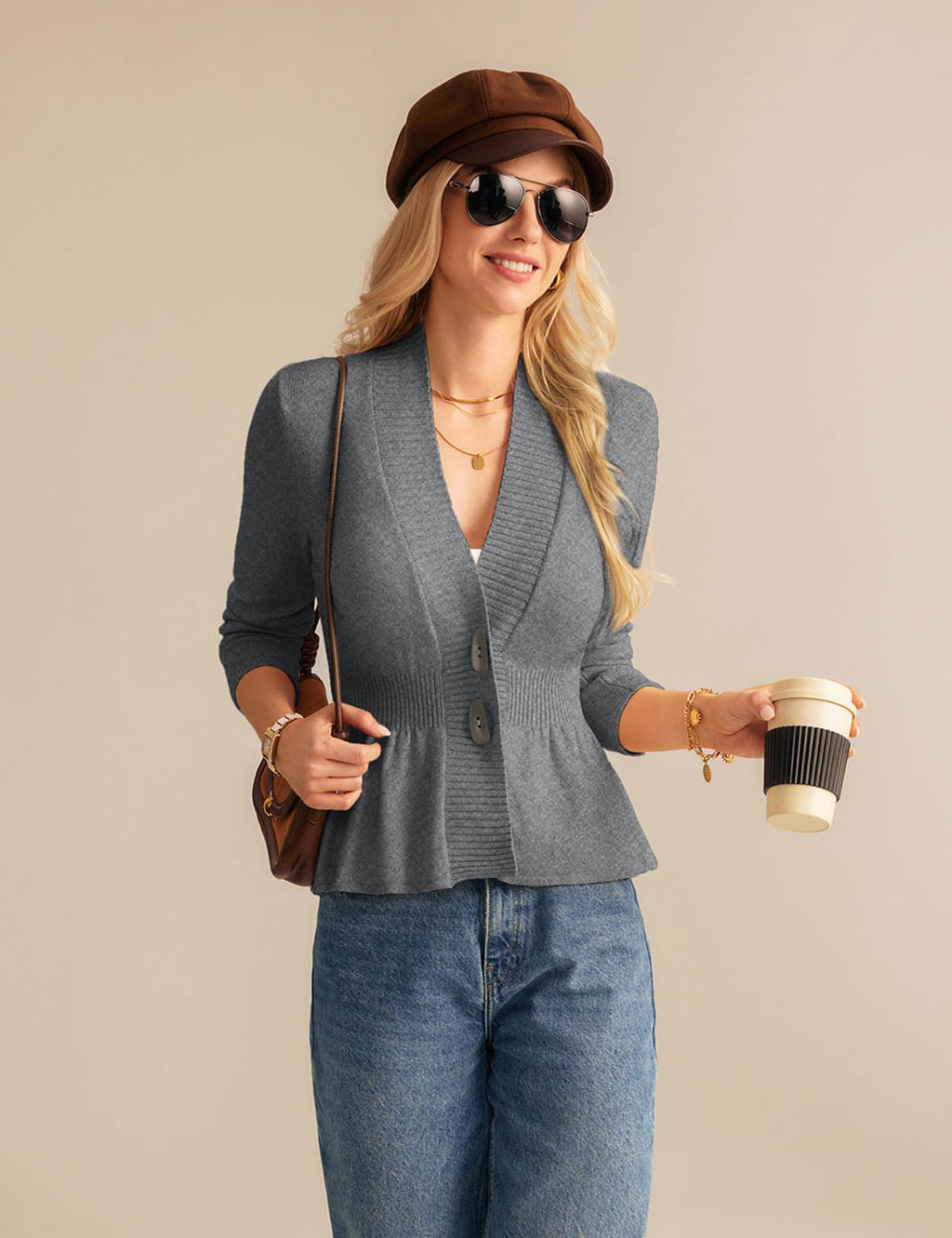 GRACE KARIN Women Cardigan Sweaters 2025 Fall,Long Sleeve Cropped Sweater Coat Trendy,Button Front Peplum Tops Lightweight