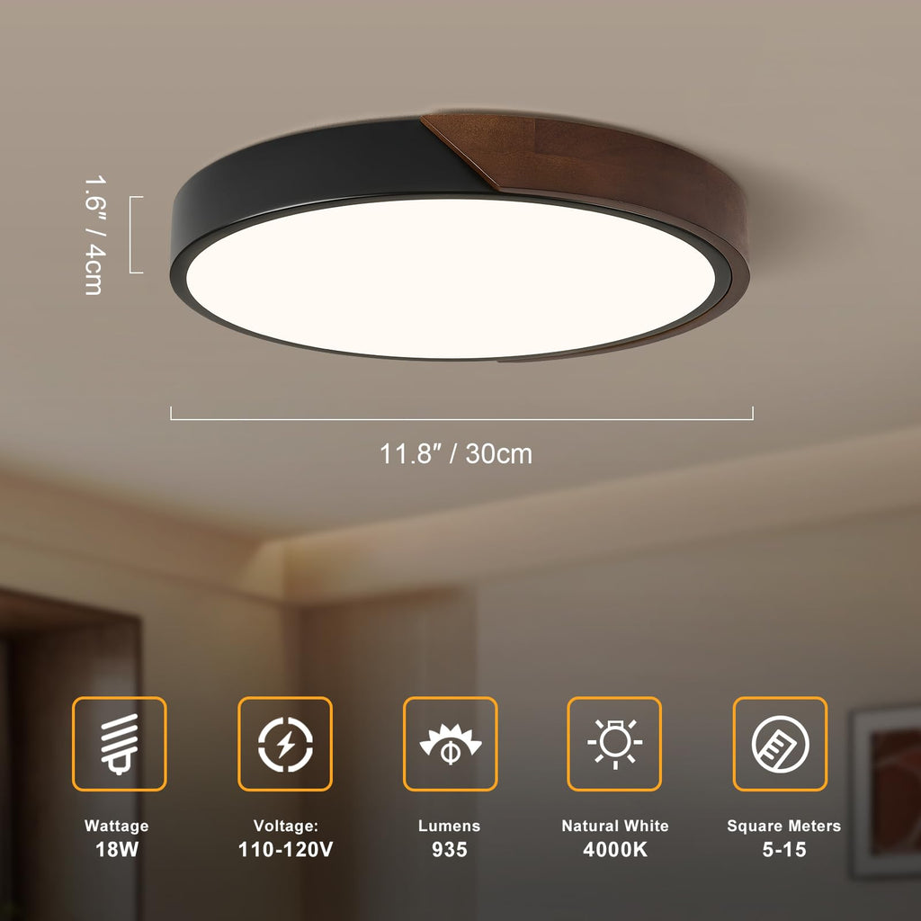 Modern LED Ceiling Light, Minimalist Wood Dimmable Flush Mount Ceiling Light Fixture, Round 5CCT Lighting Lamp with Acrylic Lampshade for Bedroom Hallway Kitchen Laundry, Black 11.8"
