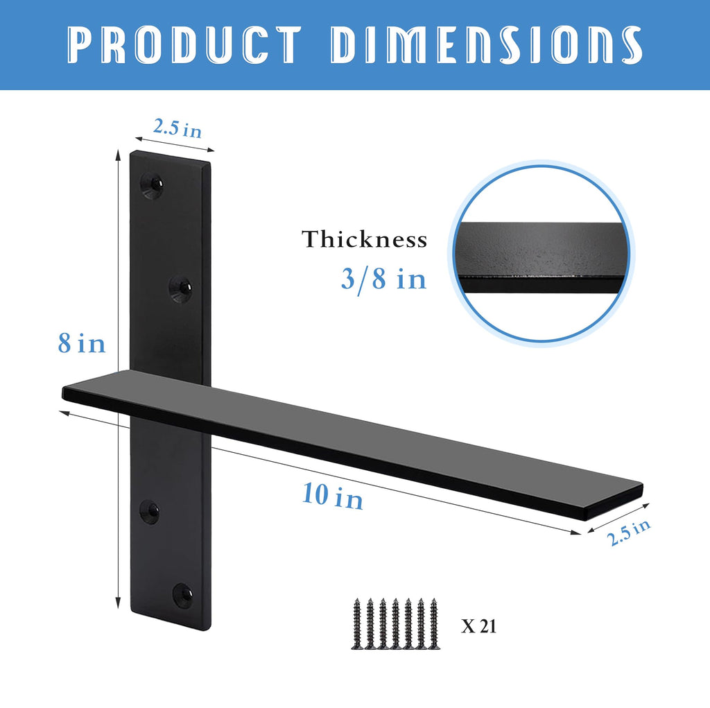 Floating Shelf Bracket 3/8" Thick Heavy Duty Shelf Brackets 2 Pack Free Hanging Countertop Support Bracket 8" Lx2.5 W Floating Wall Brackets for Cabinets, Granite, Dishwasher, Bench Seats Vanities