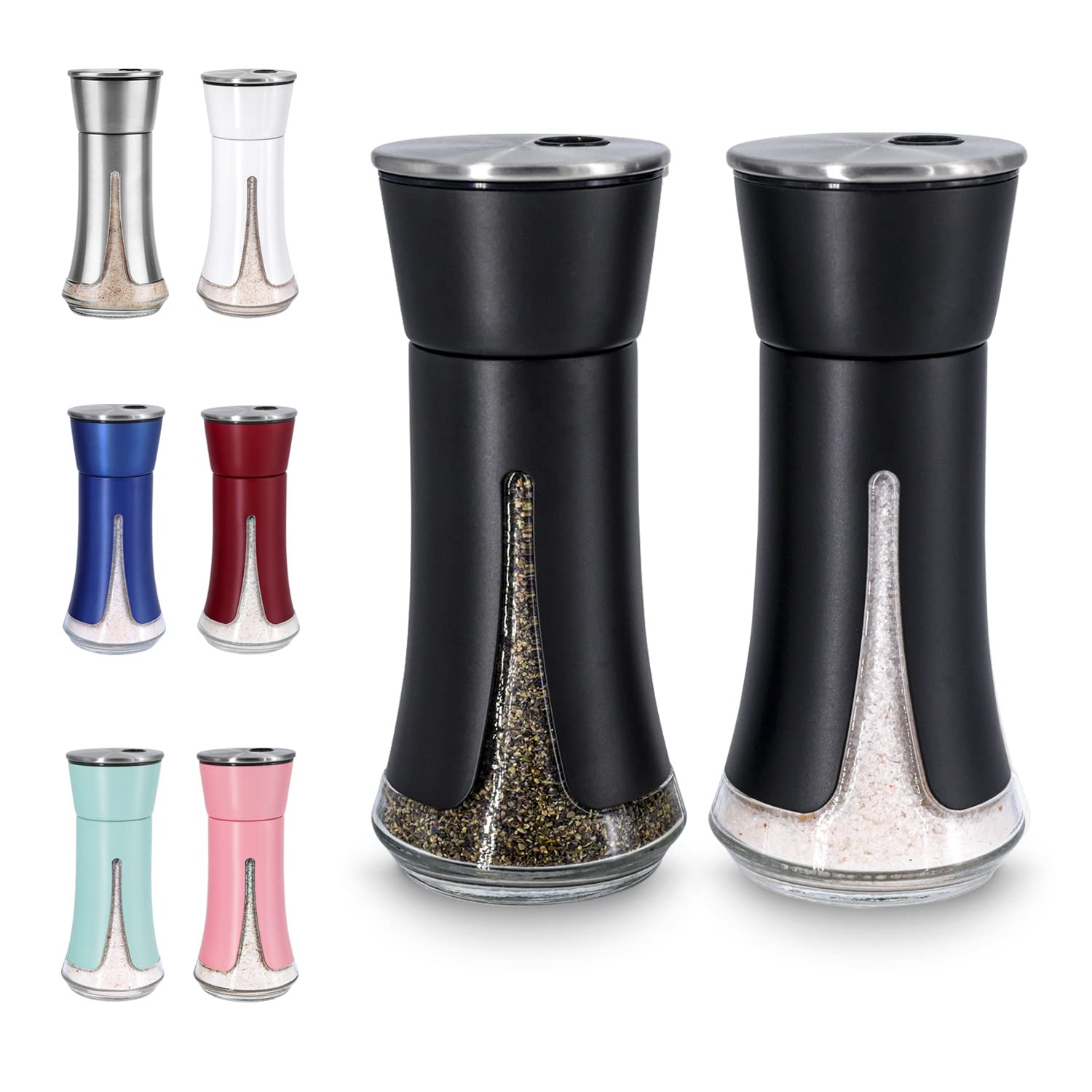 Black Salt and Pepper Shakers by Aelga, Salt Shaker with Adjustable Pour Holes, Black Kitchen Accessories, Decor for Kitchen,Restaurants,Camp,BBQ