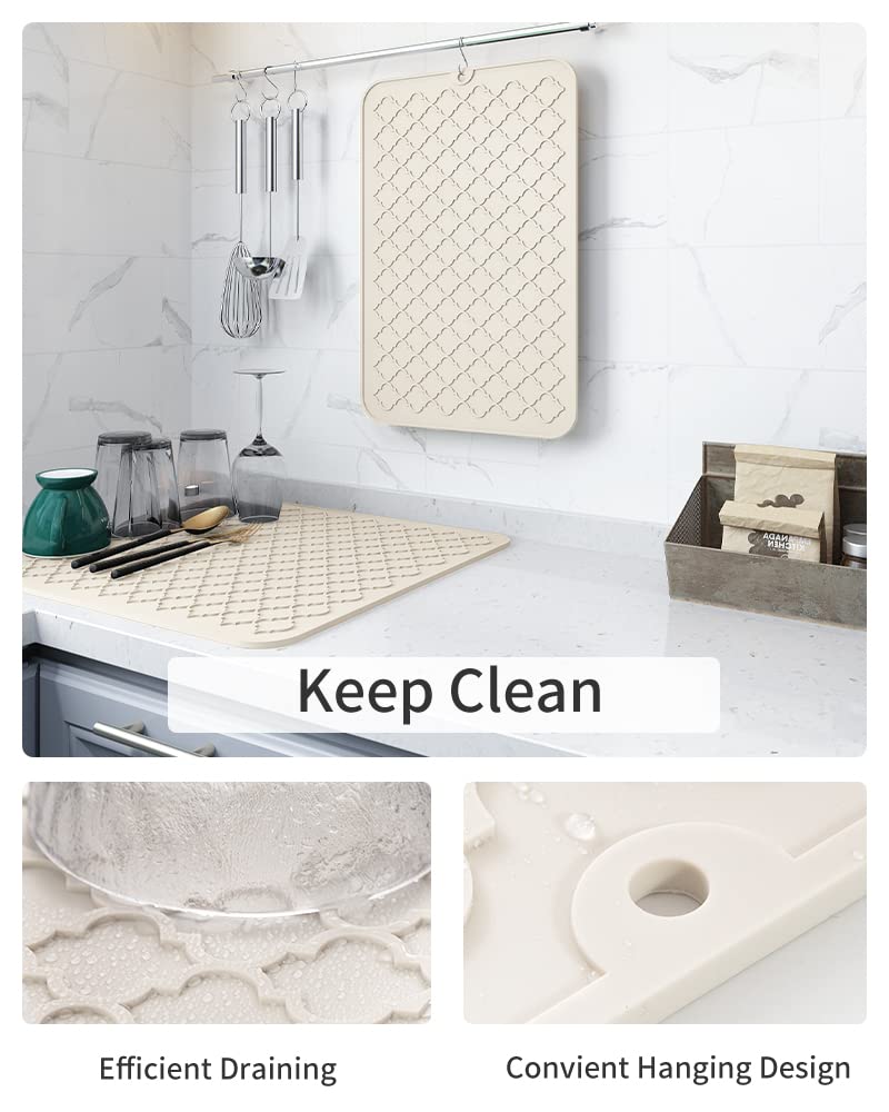 AMOAMI-Dish Drying Mats for Kitchen Counter-Silicone Dish Drying Mat-Kitchen Dish Drying Pad Heat Resistant Mat-Kitchen Gadgets Kitchen Accessories Kitchen Small Appliances(12" x 16", BEIGE)
