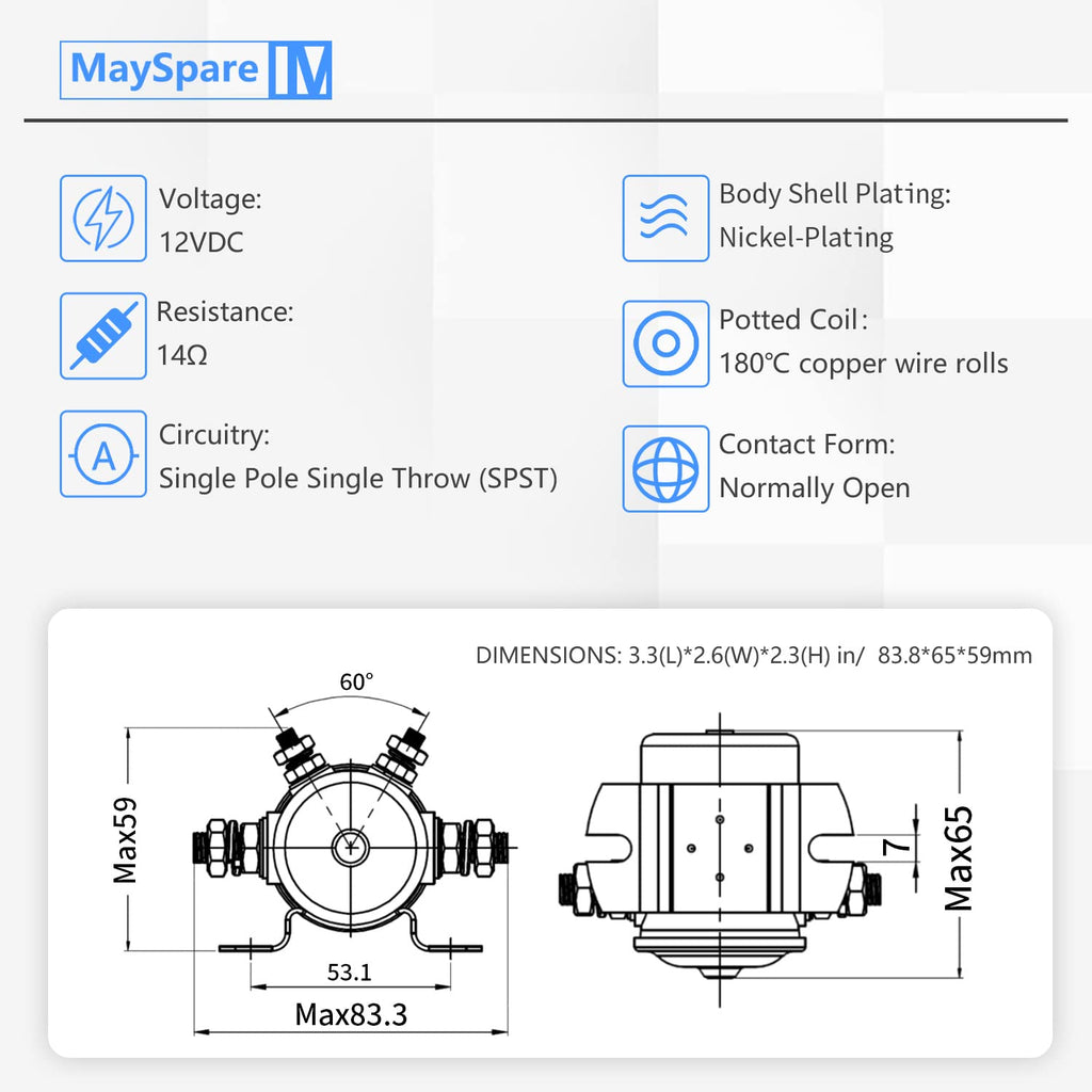 MaySpare Max Transient 200A Trombetta 12V Solenoid Relay 3 Terminal Heavy Duty Winch Marine 24106 SPST 12 Volt Solenoid