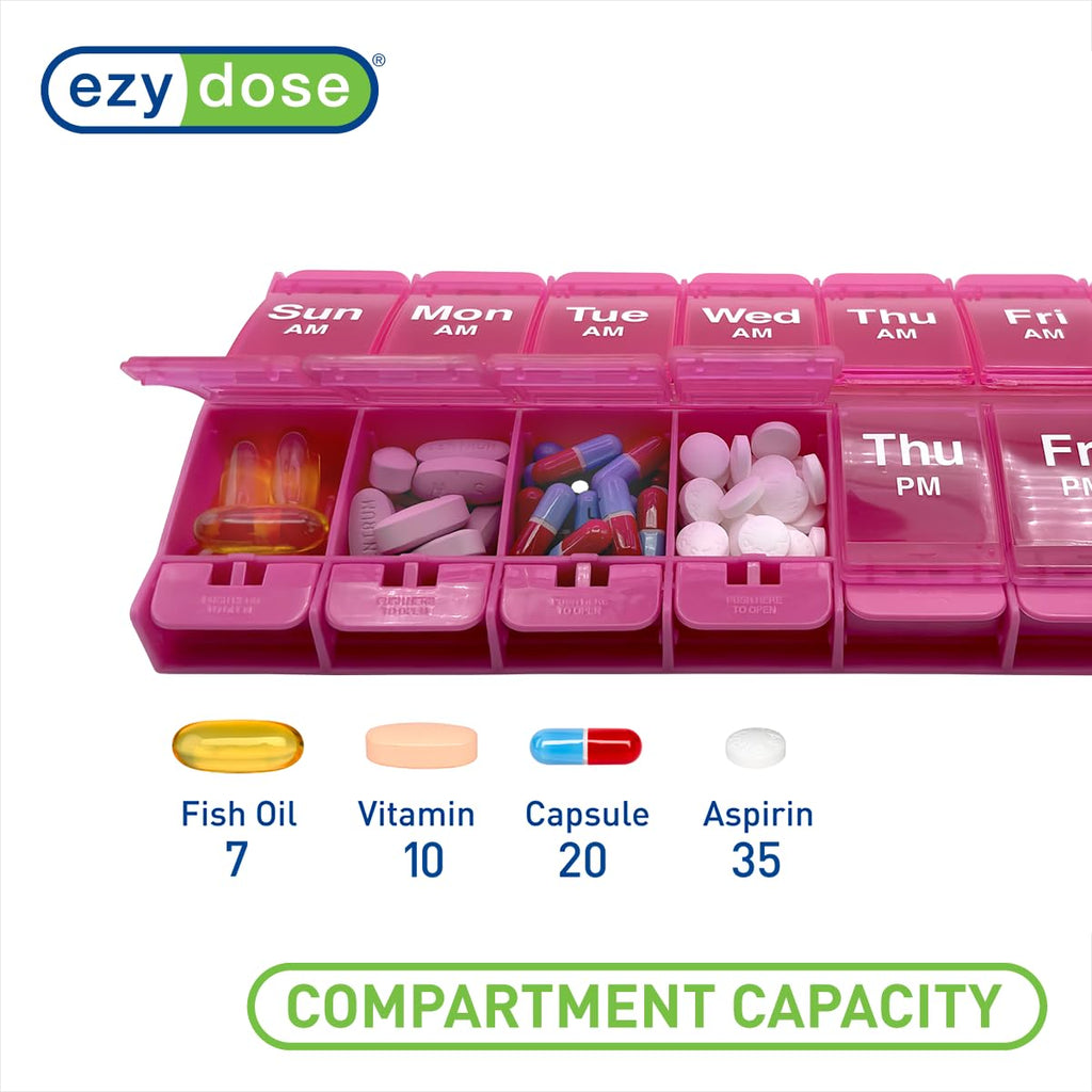 EZY DOSE Push Button (7-Day) Pill Case, Medicine Planner, Vitamin Organizer, 2 Times a Day, AM/PM Container, X-Large Compartments, Arthritis Friendly, Easy to Use, Transparent Lids, Black, BPA Free