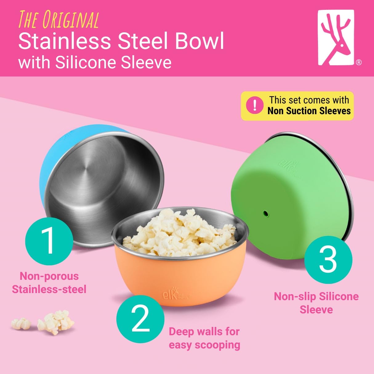 Elk and Friends Stainless Steel Bowls + Silicone Sleeve and Storage Lid | Baby, Toddler, Kids | Cereal & Snack Bowls | Storage Containers | Dishwasher Safe | 4 Pack