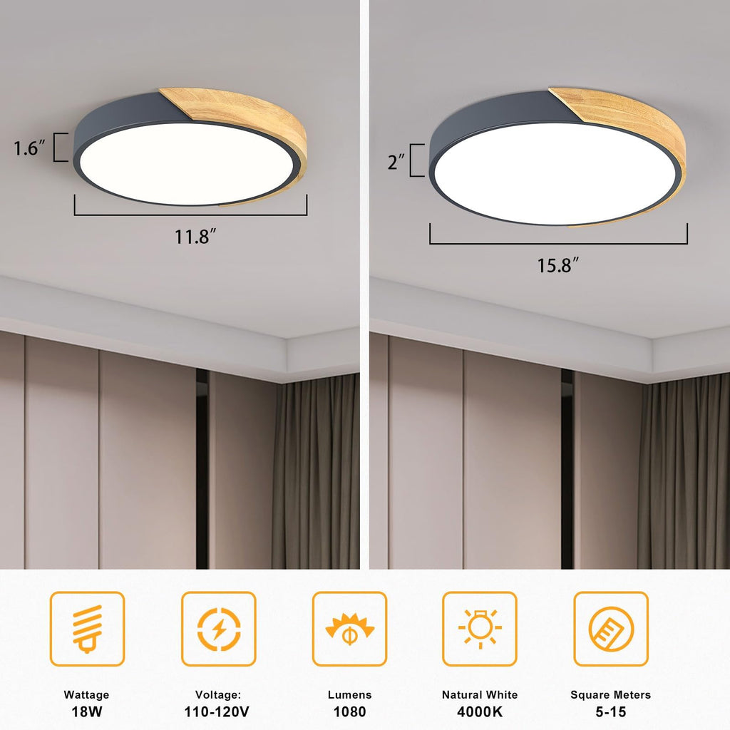 Modern LED Ceiling Light, Minimalist Wood Dimmable Flush Mount Ceiling Light Fixture, Round 5CCT Lighting Lamp with Acrylic Lampshade for Bedroom Hallway Kitchen Laundry, Black 11.8"