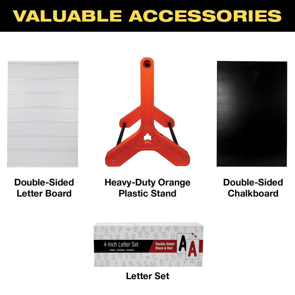 Swinging Changeable Message Sidewalk Sign: 24" x 36" Sign with 792 Pre-Cut Double Sided Letters and Storage Box. Includes Black Board & Letter Board (Black Color Legs)