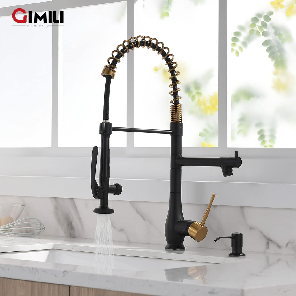 GIMILI Black and Gold Kitchen Faucet with Pull Down Sprayer Single Handle High Pressure Kitchen Sink Faucet Commercial Double-Headed Stainless Steel Kitchen Faucets