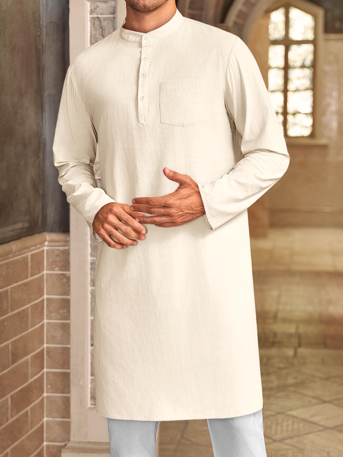 Gafeng Mens Kaftan Robe Button Down Long Sleeve Henley Cotton Thobe Casual Side Split Gown Shirt