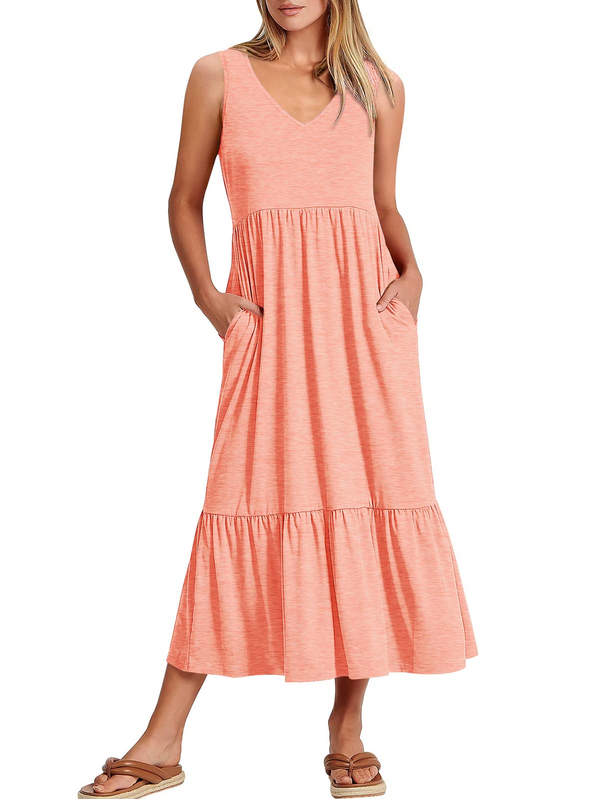 ANRABESS Women Summer Maxi Dresses A-line Tiered Flowy V Neck Sleeveless Swing 2026 Casual Beach Travel Sundress with Pockets
