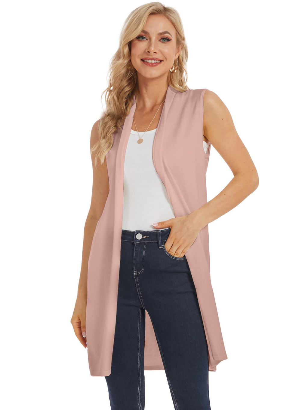 Moss Rose Women's Long Knit Cardigan Vest Casual Sleeveless Open Front Draped Duster Vest (Available in Plus Size)