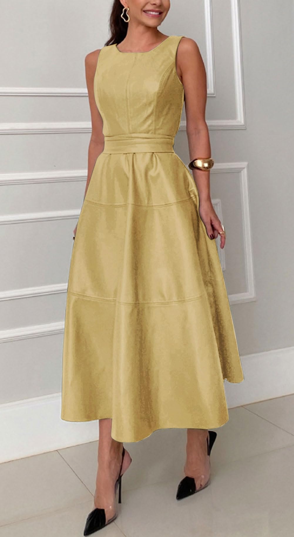 CHARTOU Women PU Faux Leather Sleeveless Elegant Flowy Long Dress Party Night Out Dress with Belt