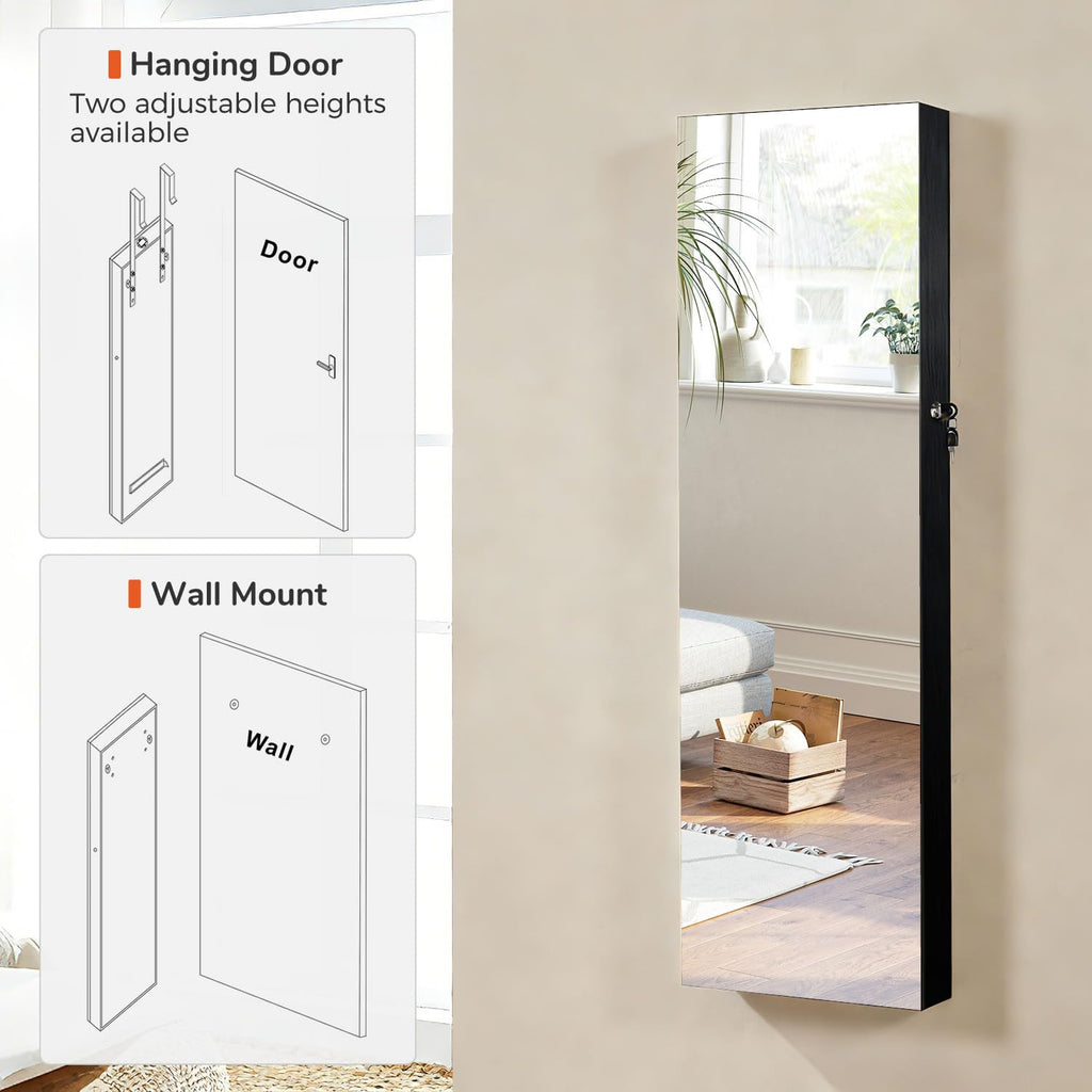 GISSAR Full Length Mirror Jewelry Cabinet, 6 LEDs Jewelry Armoire Wall Mounted Over The Door Hanging, Jewelry Organizer Storage with Lights Lockable, Black, 14.6" x 47.2"