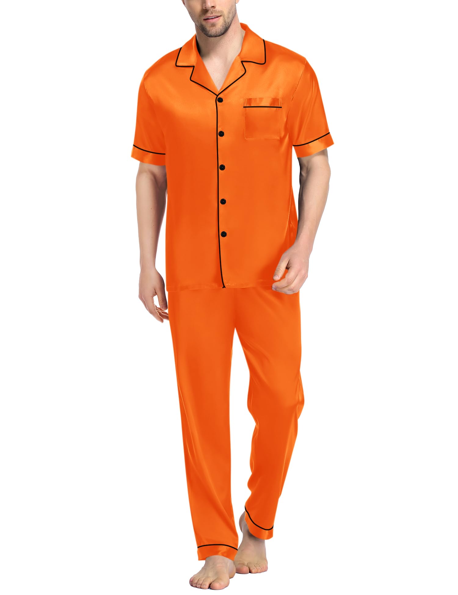SWOMOG Mens Satin Pajama Set Short Sleeve Classic Sleepwear Button Down Silky Loungewear with Long Pants