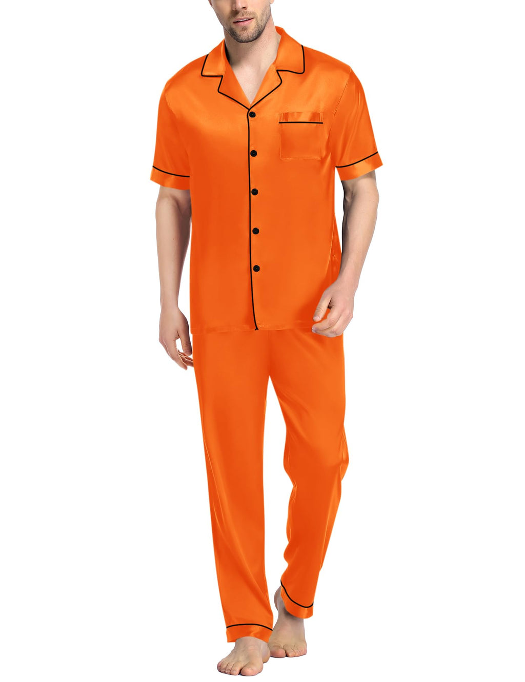 SWOMOG Mens Satin Pajama Set Short Sleeve Classic Sleepwear Button Down Silky Loungewear with Long Pants
