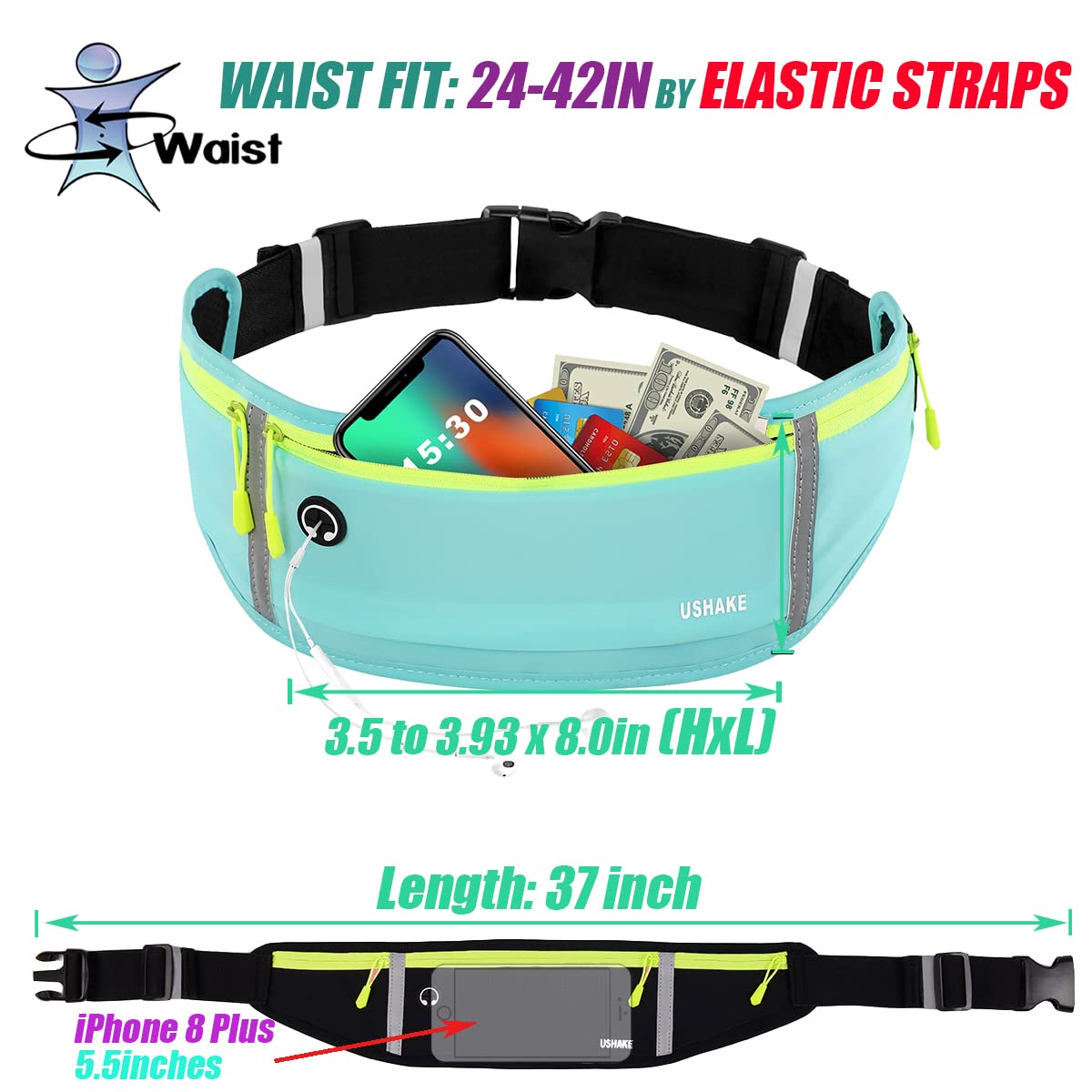 USHAKE Slim Running Belt, Workout Fanny Pack for Men Women,Exercise Waist Pack for Apple iPhone Holder, Runner Belt for Running Walking Cycling Camping Gym Black