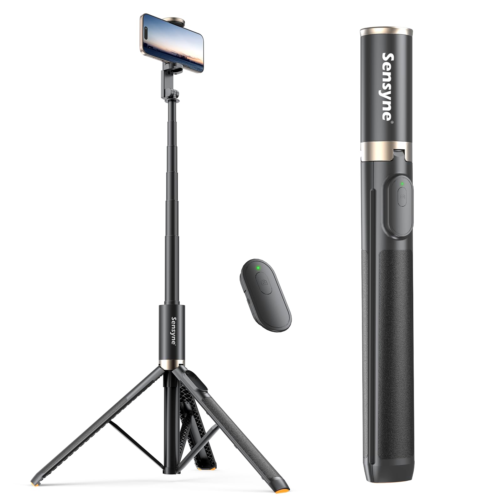 Sensyne 60" Phone Tripod - Selfie Stick, Lightweight All in One Phone Tripod Integrated with Wireless Remote Compatible with All Cell Phones for Selfie/Video Recording/Photo/Live Stream/Vlog（Black）