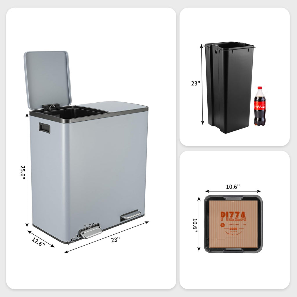 Arlopu Dual Trash Can, 2 x 8 Gallon (2 x 30 L) Hands-Free Trash and Recycle Bin Combo, Stainless Steel Kitchen Garbage Can with Soft-Close Lid, Removable Inner Buckets, Step Pedal, Airtight (Black)