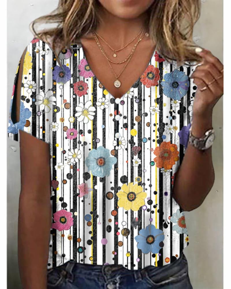 HOTYD Women's Boho Floral Print Ladies Short Sleeve Tops Summer Blouses Dressy Casual V Neck Cold Shoulder Tunic Tops