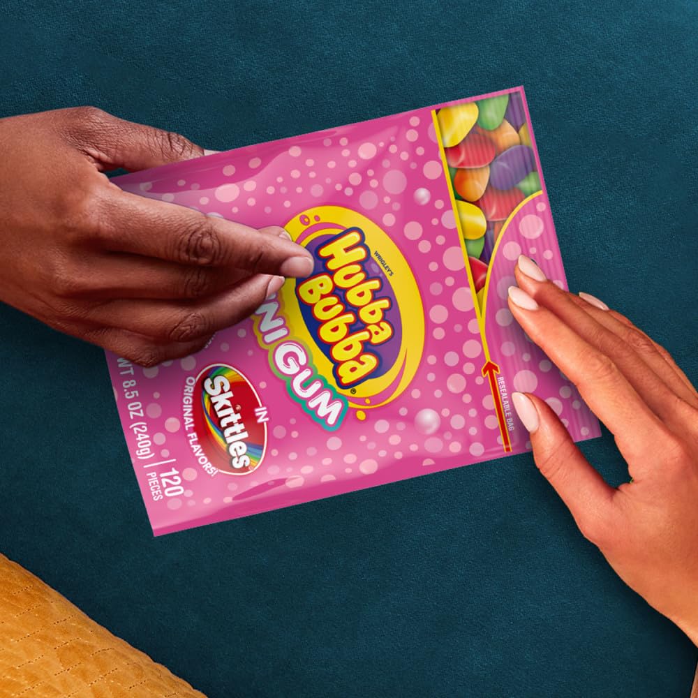 HUBBA BUBBA Minis SKITTLES Flavored Sugar Free Gum, Bubble Gum Packs, Candy Bulk, Resealable Bulk Bag