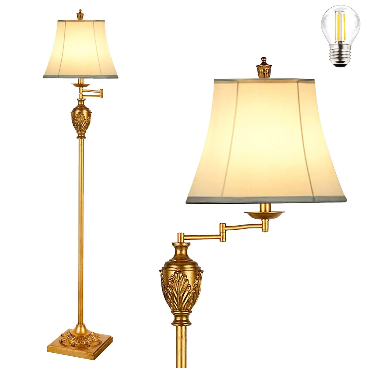 Traditional LED Floor Lamp with 350° Adjustable Swing Arm Lamp – Vintage Standing Pole lamp for Living Room, Bedroom and Office – Rustic Upright Floor Light for Home Décor with Silk Fabric Shade
