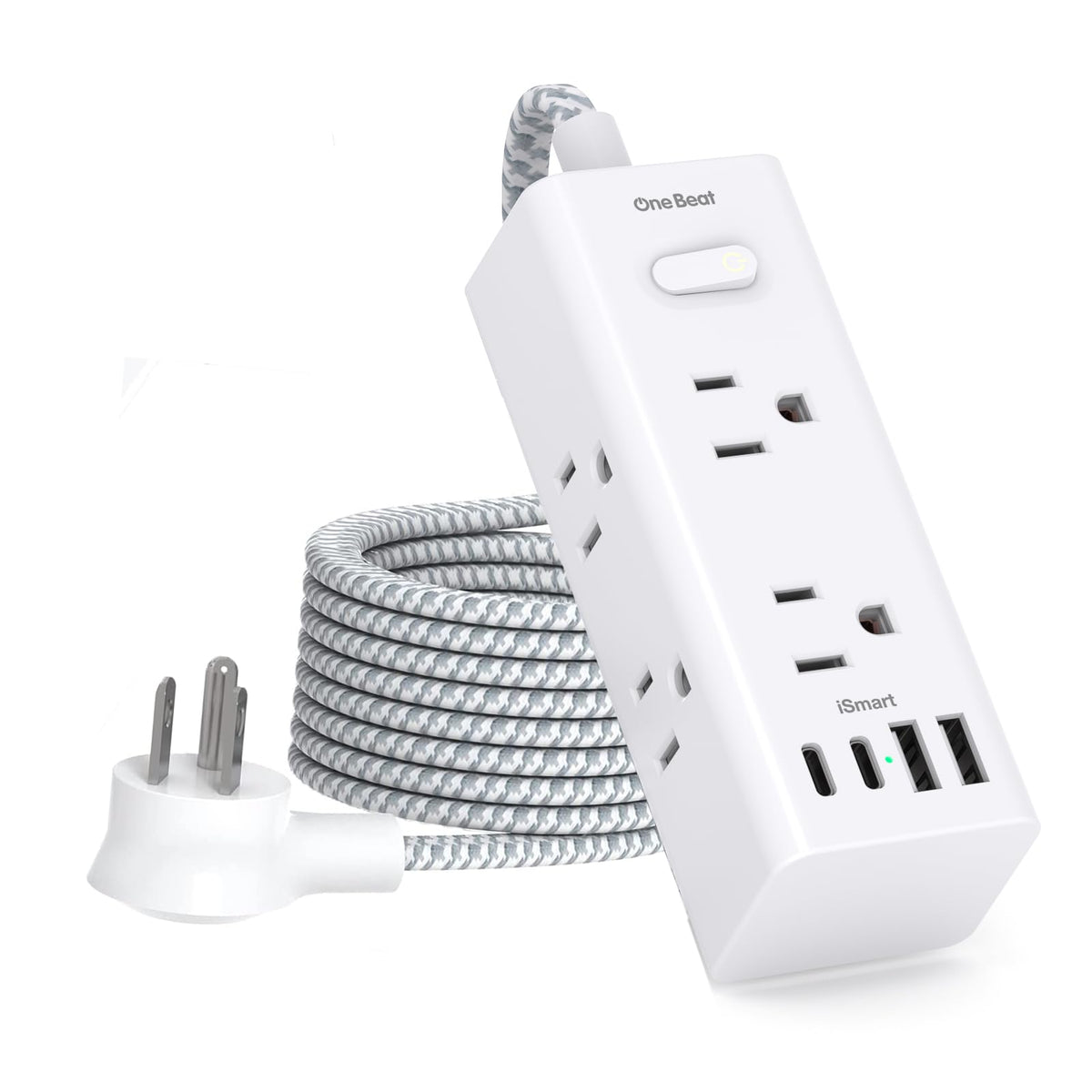 One Beat Short Extension Cord 1Ft, Flat Plug Power Strip Surge Protector - 6 Widely Outlets with 4 USB Ports (2 USB C), Wall Mount Small Power Strip for Travel, Home Office College Dorm Essentials