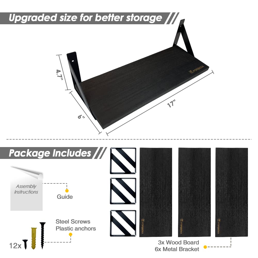 Forbena 12 Inch Deep Floating Shelves for Wall, Wide Black Wall Mounted Shelves for Bedroom Office Books Plants, Large Hanging Shelf for Living Room Bathroom Kitchen Closet Pantry Storage (3-Pack)
