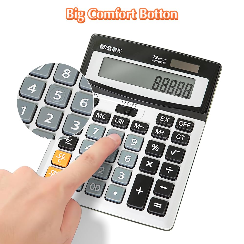 M&G Desk Calculator 12 Digit Extra Large LCD Display, Dual Solar Power and Battery, Accounting Calculator with Big Button, Battery Include, Perfect for Office Business Home Daily Use