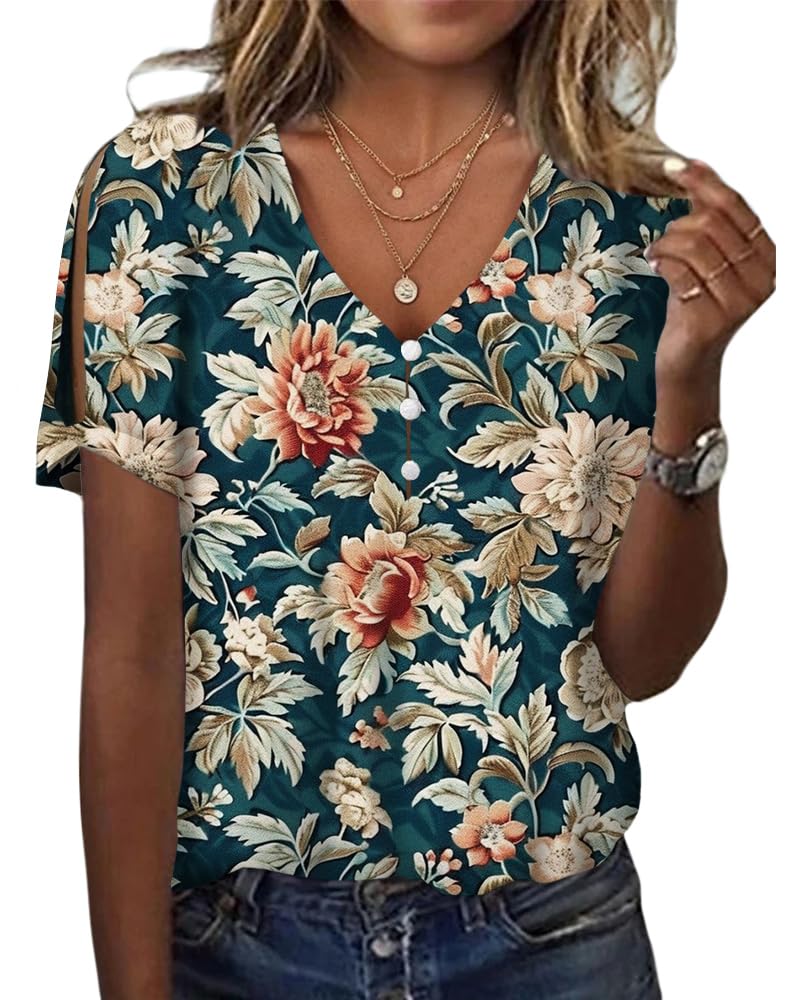 HOTYD Women's Boho Floral Print Ladies Short Sleeve Tops Summer Blouses Dressy Casual V Neck Cold Shoulder Tunic Tops