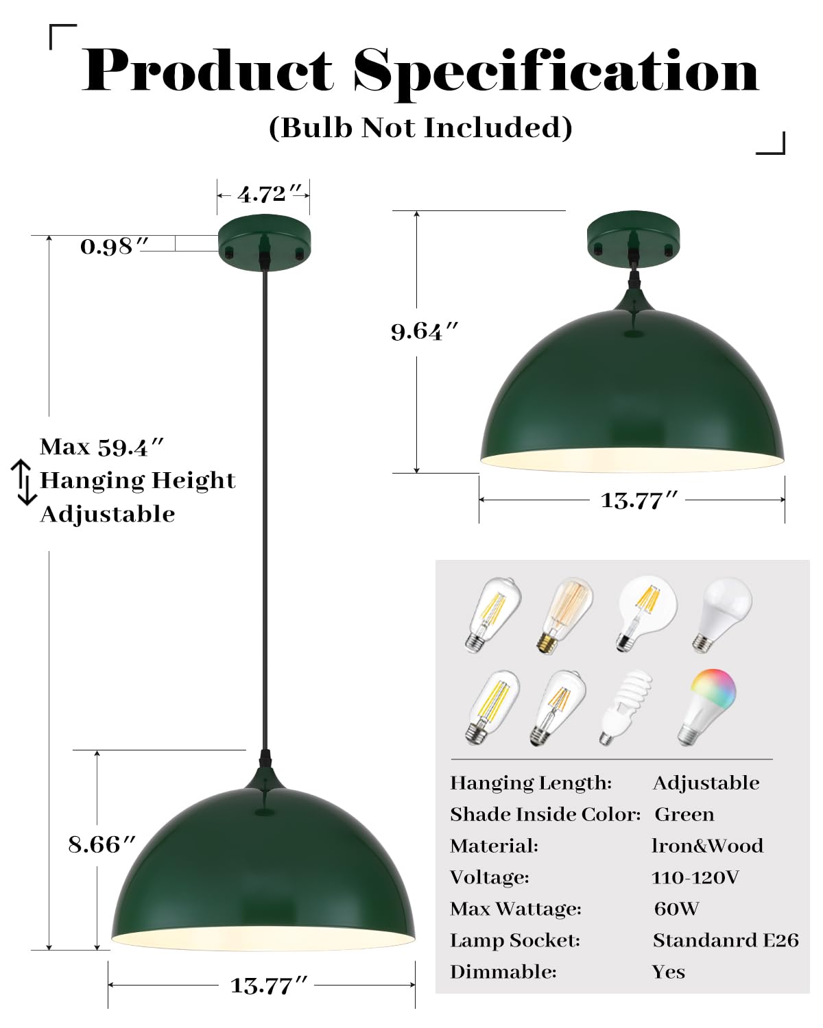 White Pendant Lights, 11.8 inch Pendant Lights Kitchen Island, Farmhouse Pendant Light Fixtures (White Inside), Industrial Pendant Lighting for Dining Room, Bedroom, Hallway (1 Pack)
