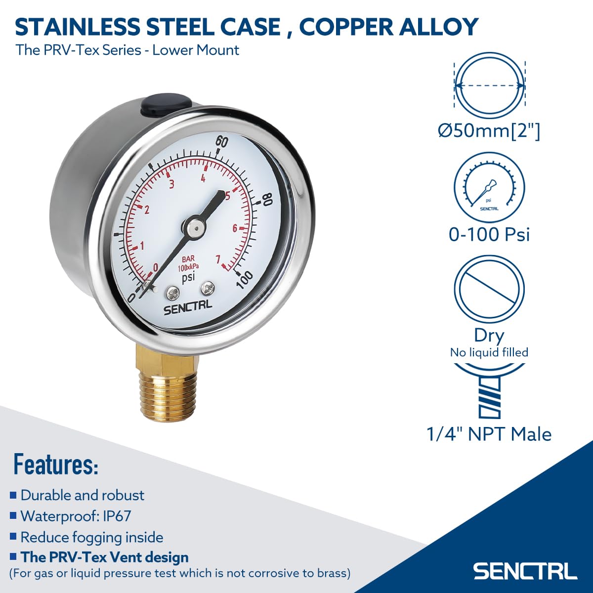 SENCTRL 30inHg Vacuum Pressure Gauge, 2" Dial, 1/8 NPT Lower Mount, Waterproof, Stainless Steel Case, for Tube Tester, HVAC, Pneumatic Air Compressor, Hand Pump, Valve Test