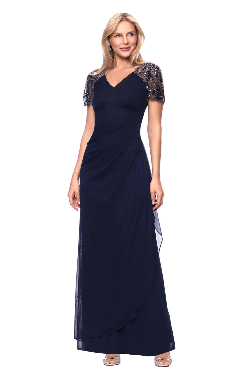 Xscape Floor Length Jersey Knit Evening Gown with V-Neckline, Beaded Flutter Sleeves and Ruched Draping