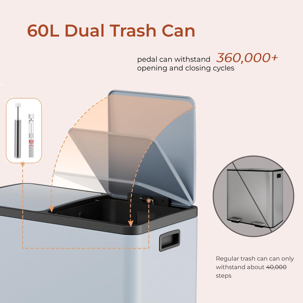 60L(16 Gal) Dual Trash Can, Stainless Steel Kitchen Garbage Can, Double Compartment Classified Rubbish Bin, Recycle Dustbin w/Plastic Inner Buckets, Soft-Close Lid, Airtight, Black