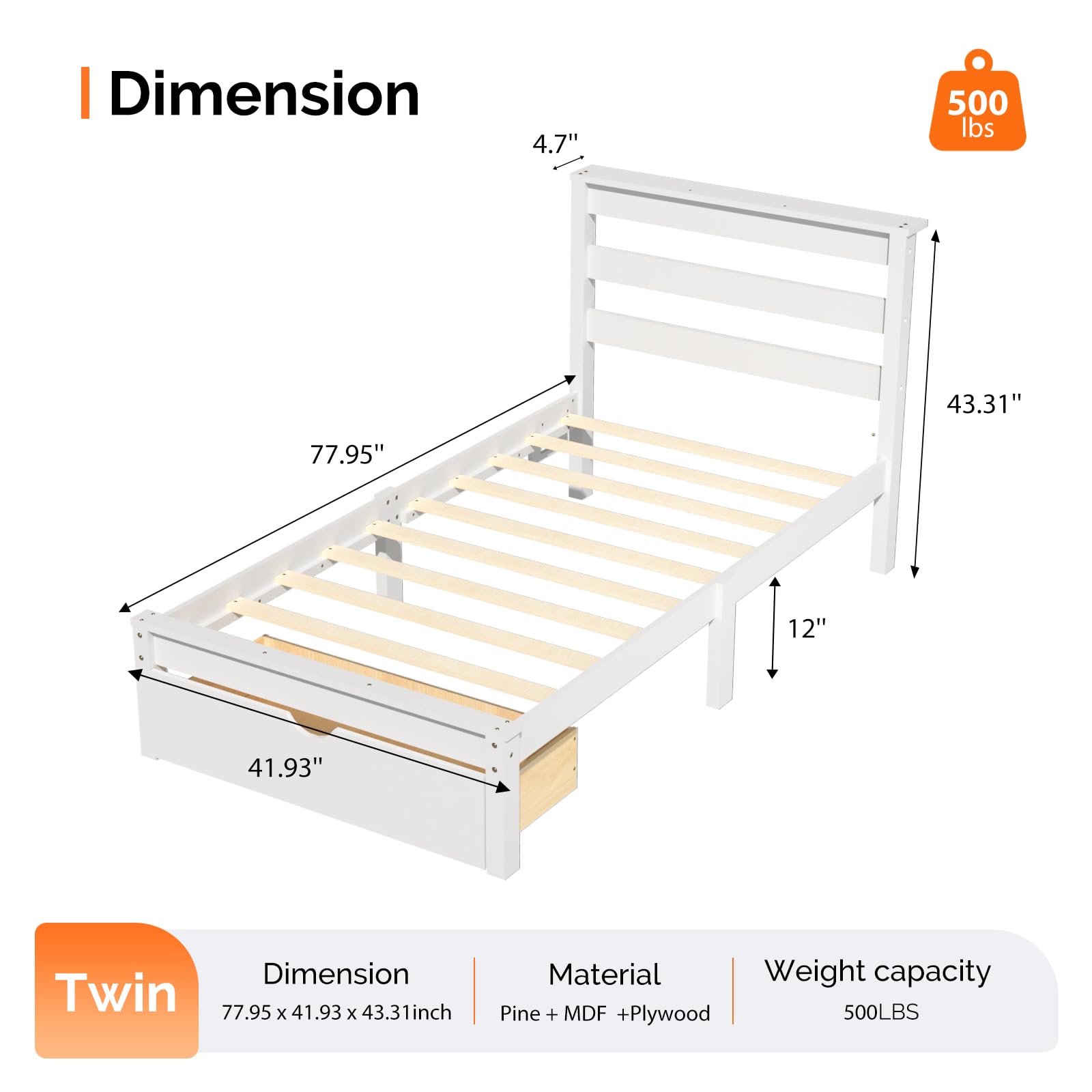 Bonnlo Twin Size Solid Wood Platform Bed Frame, Single Bed with Headboard, No Box Spring Needed Panel Bed, Wood Slat Support Mattress Foundation, White