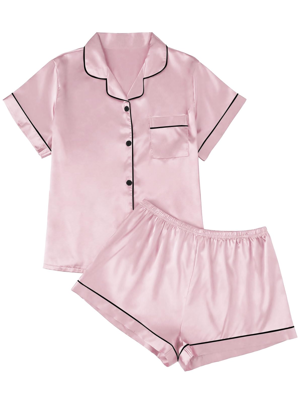 LILLUSORY Silk Satin Pajama Set for Women 2 Piece Lounge Pjs Winter Matching Summer Sleepwear Button Down Shirt Shorts
