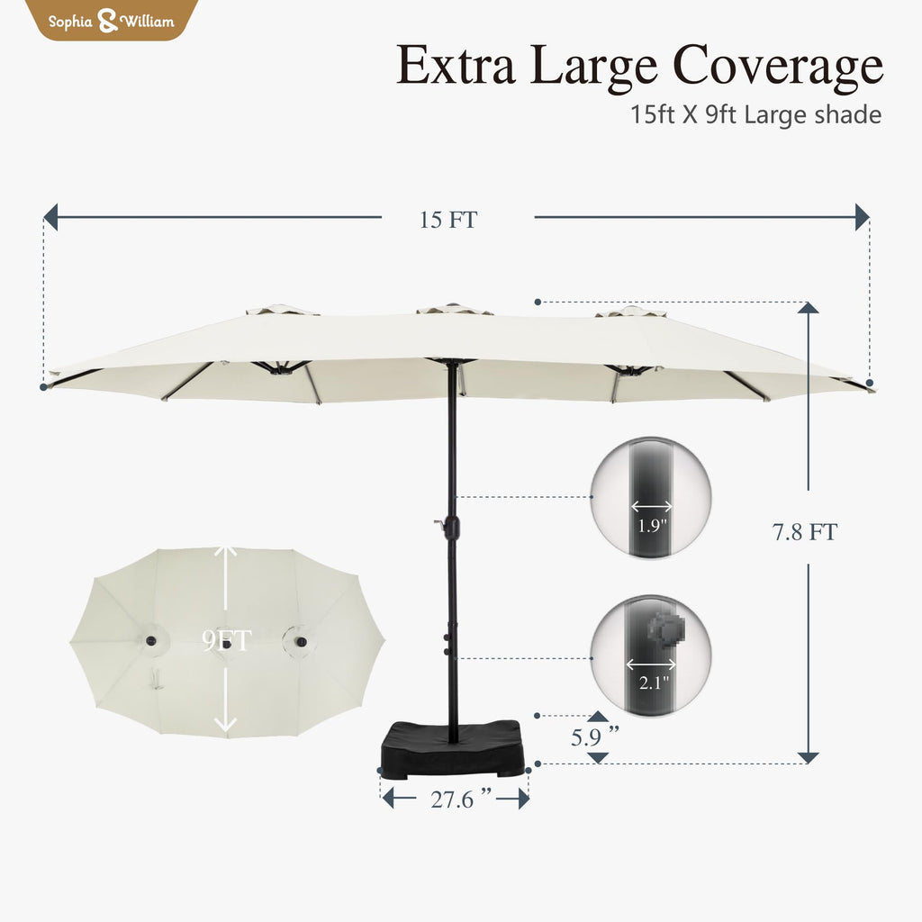 Sophia & William 15 ft Extra Large Patio Umbrella with Base Included, Rectangular Outdoor Umbrella Heavy Duty, Market Umbrella Double-sided Fade Resistant for Pool Garden Backyard, Beige