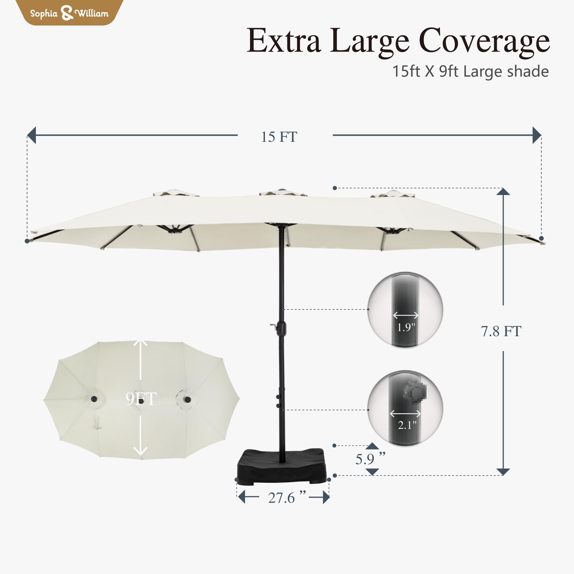 Sophia & William 15 ft Extra Large Patio Umbrella with Base Included, Rectangular Outdoor Umbrella Heavy Duty, Market Umbrella Double-sided Fade Resistant for Pool Garden Backyard, Beige