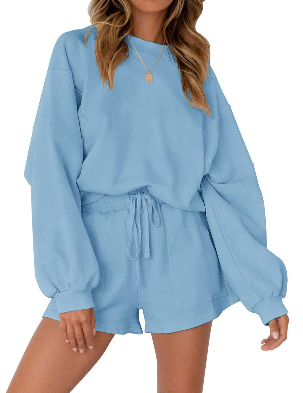MEROKEETY 2026 Spring Lounge Sets for Women Oversized Batwing Sleeve Casual Top and Shorts 2 Piece Outfits Sweat Set