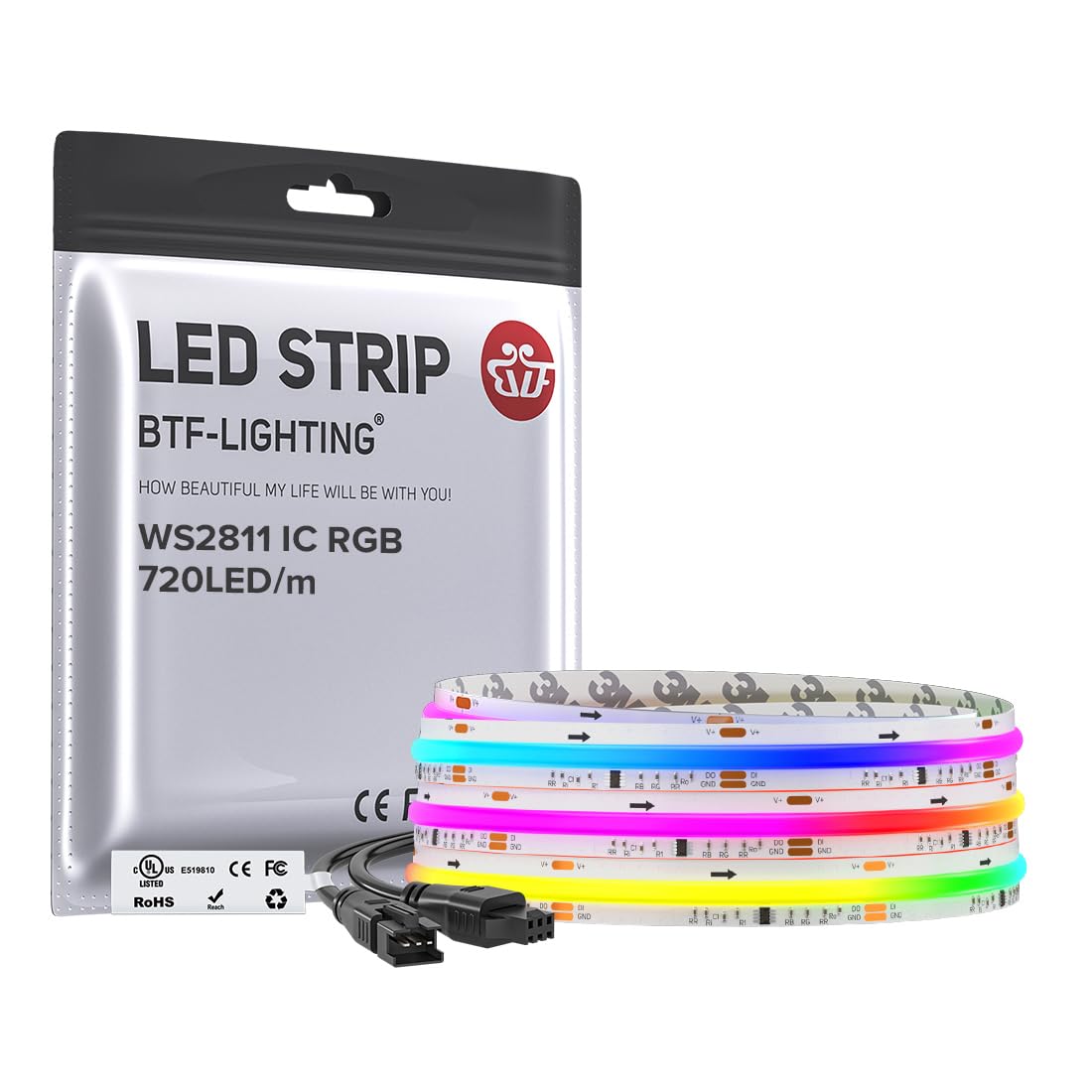 BTF-LIGHTING WS2811 Smart IC RGB FCOB COB LED Strip, UL Listed 630LEDs/m High Density Color Chasing Uniform Light, DC12V 12FT 10mm Width Tape Light for Home Party DIY Decor(No Adapter or Controller)