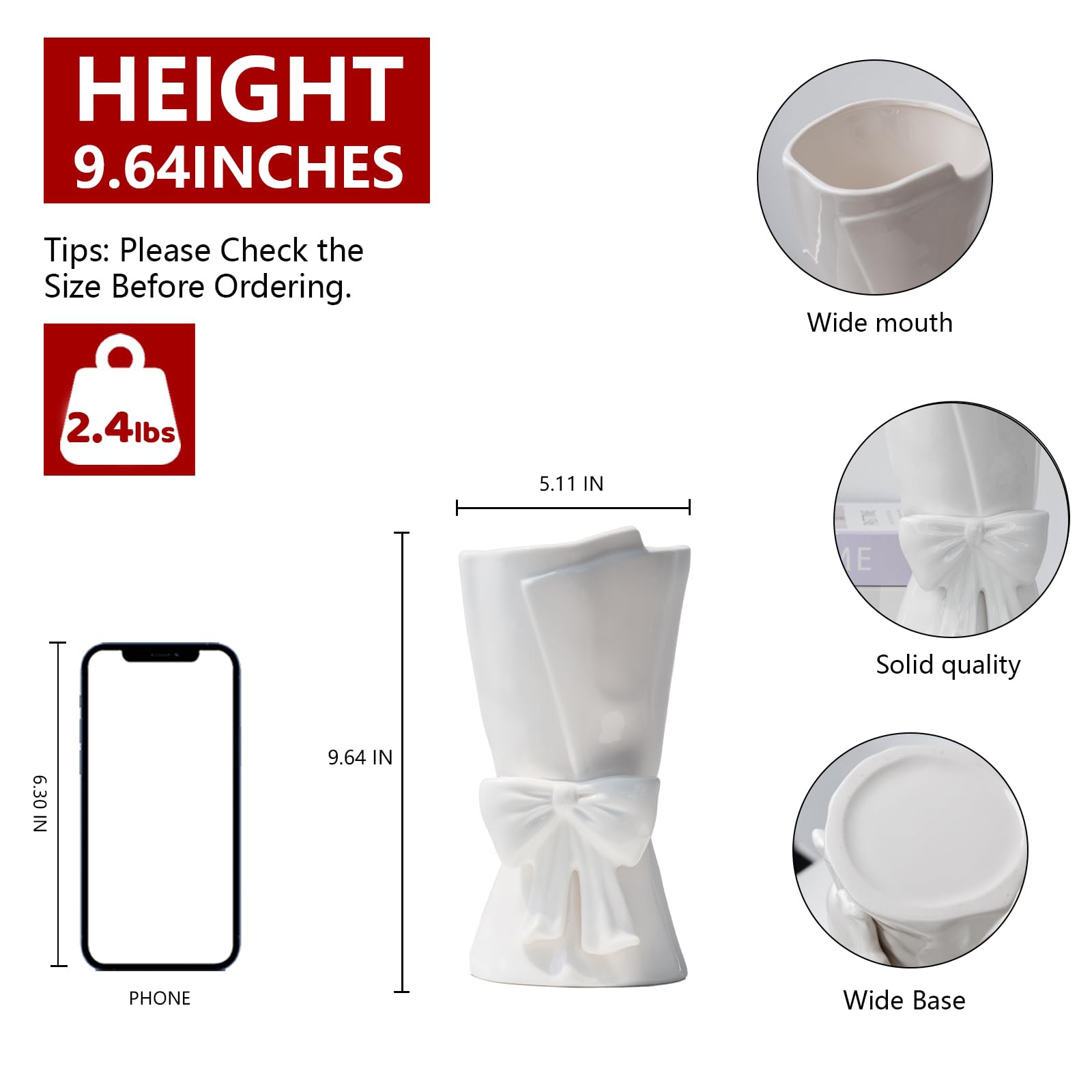 Relexome Beige Ceramic Bow Vase 9.64 in Unique Cute Modern Decorative Bouquet Flower Vases for Home Living Room Table Decor Women Girl Gifts