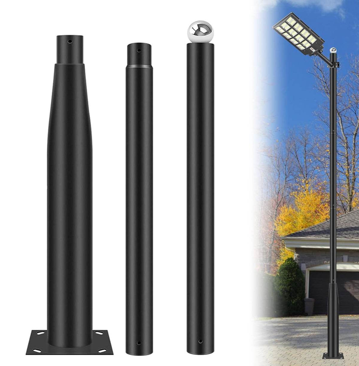 Outdoor Light Pole with Fillable Base, 8ft Cast Iron Lamp Post, 5-Section Heavy Duty Adjustable Pole for Garden, Yard, Pathway & Parking Lot, Portable Sand/Water Box Street Light Stand