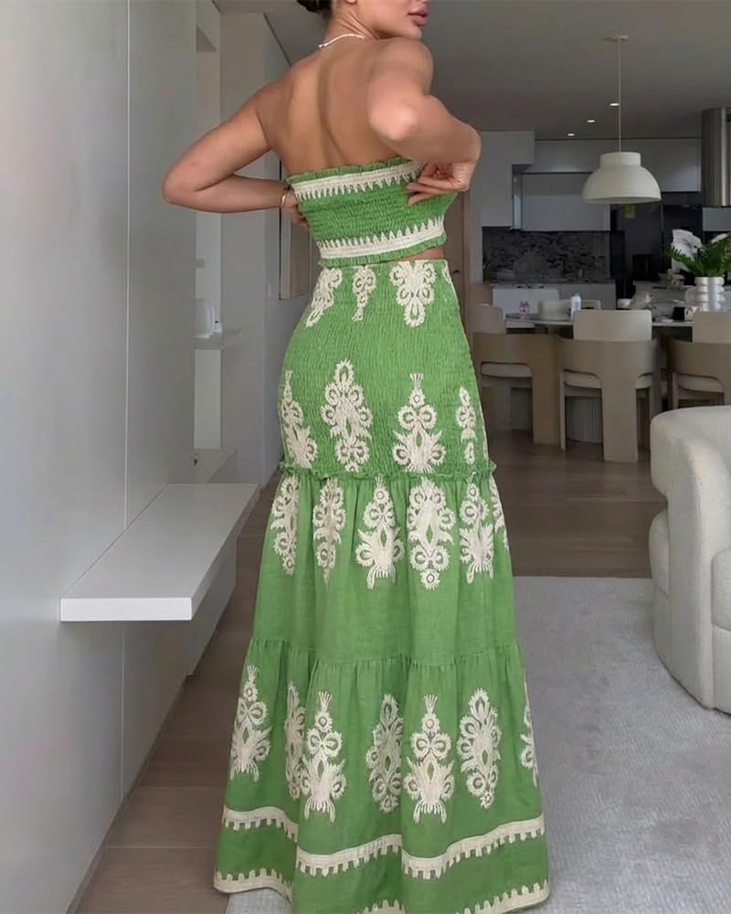 CHICME Floral Printed Vacation Dress Halter Tie Ruched Shirred Bandeau Party Dress Slim Ruffle Hem Wedding Guest Dress