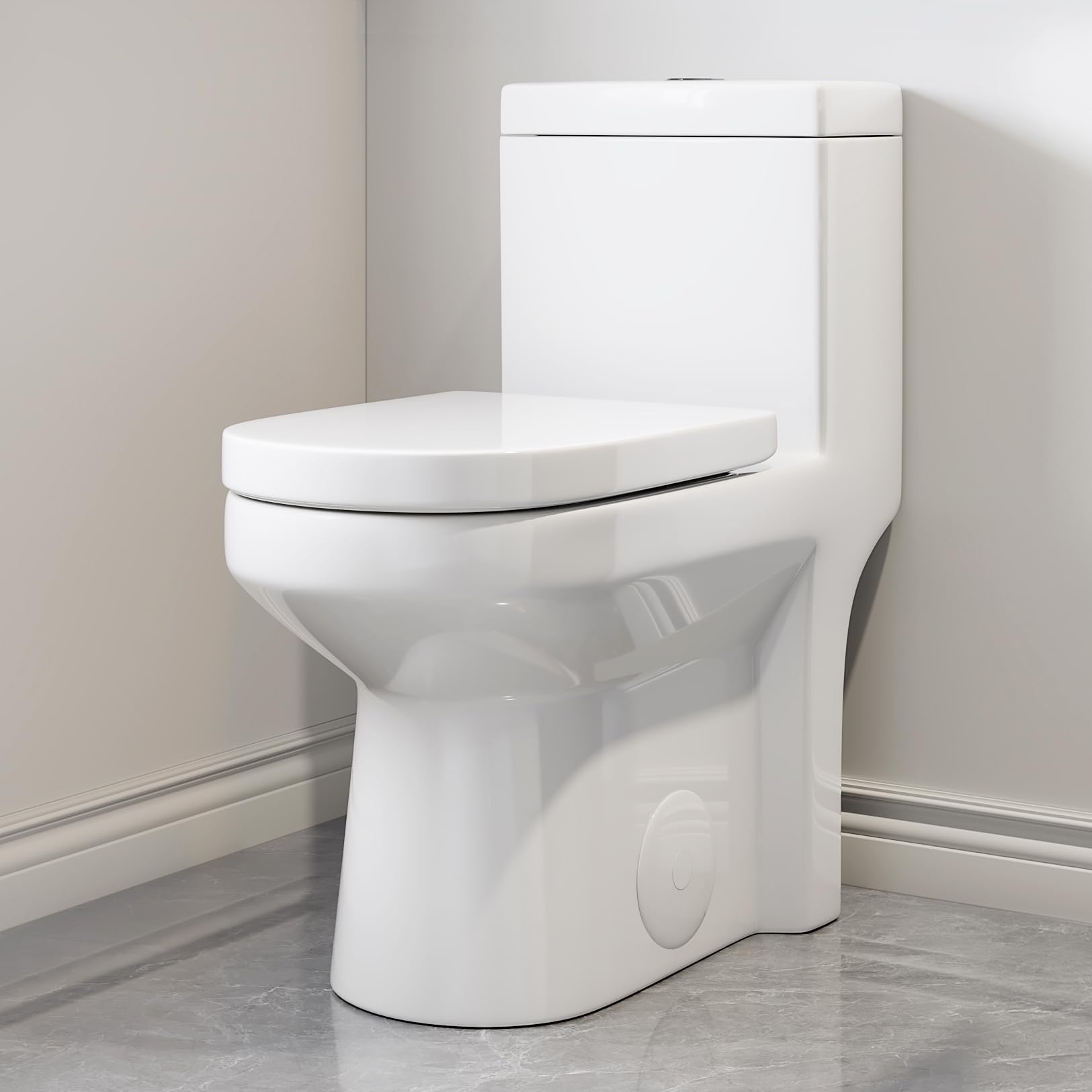 Compact One Piece Toilet for Bathroom, Space-Saving Powerful Dual Flush Round Small Toilet, Average 1.28 GPF, Skirted Design with Upgraded UF Quiet & Soft Close Seat (10" Rough-in Toilet)
