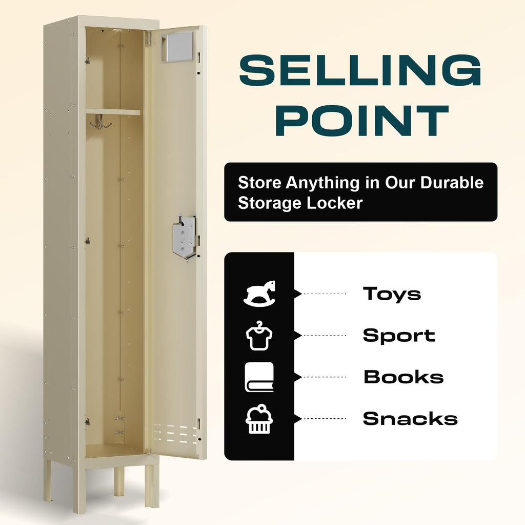 Lockers,Metal Locker, (Beige, 1 Door - (66.15" H x 11.8" W x 11.8" D))