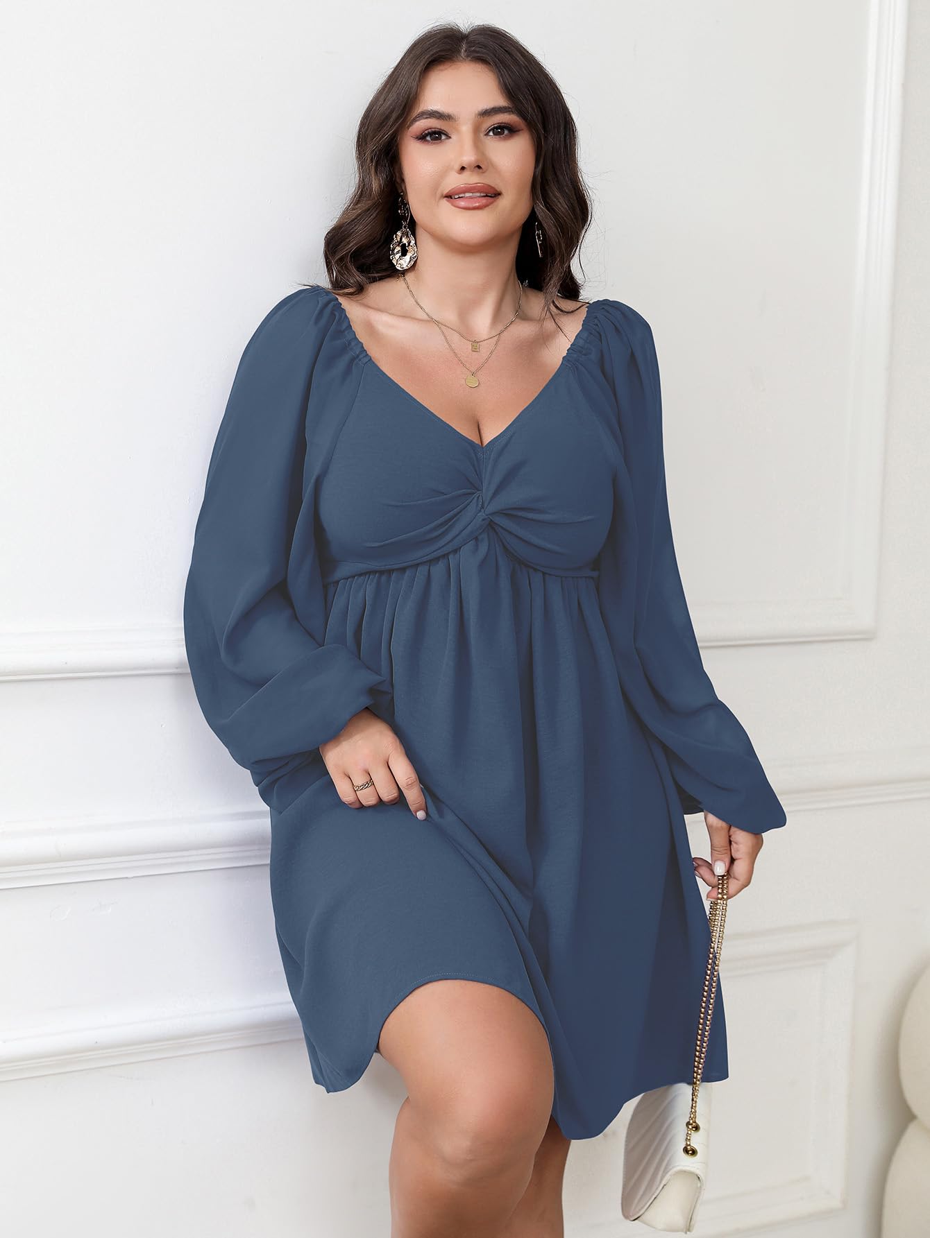 SCOMCHIC Women's Plus Size Puff Long Sleeve Dresses Sweetheart Neckline A Line Short Wedding Guest Cocktail Dress