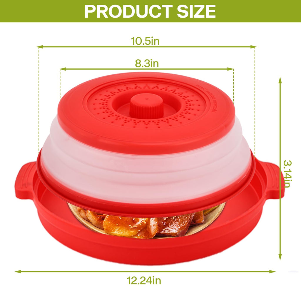 Microwave Splatter Cover for Food with Anti-scald Base Plate,Large Plastic & Silicone Vented Avoid Scalding Collapsible Guard Lid, Plate Holder & Kitchen Colander for Meal Prep-10.7 Inch (2 Pcs BRed)