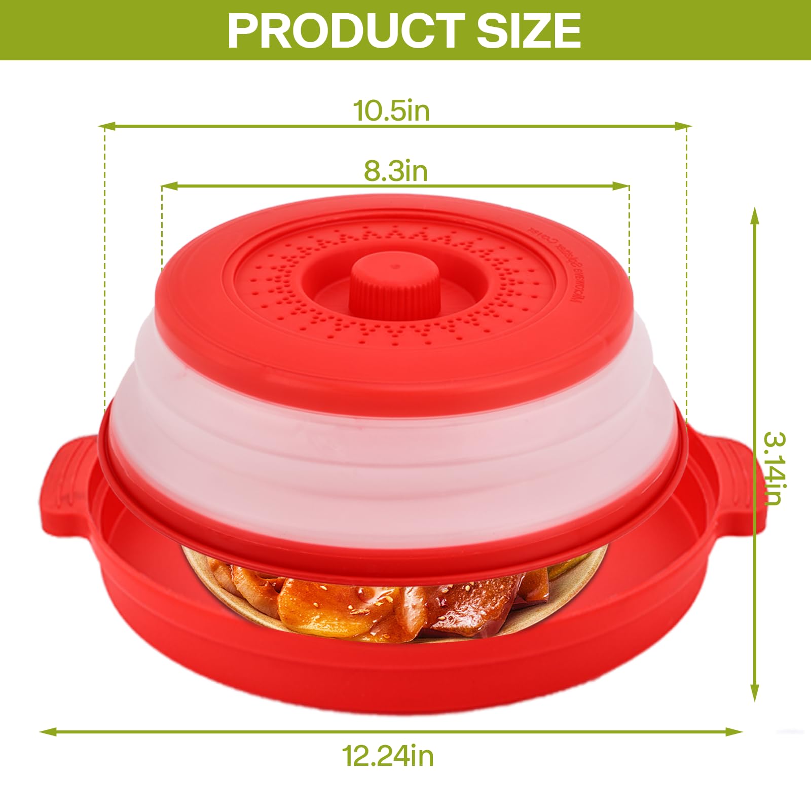Microwave Splatter Cover for Food with Anti-scald Base Plate,Large Plastic & Silicone Vented Avoid Scalding Collapsible Guard Lid, Plate Holder & Kitchen Colander for Meal Prep-10.7 Inch (2 Pcs BRed)
